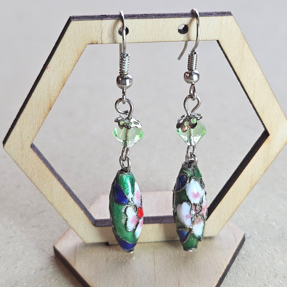 Vintage Style Cloisonne Enamel Floral Drop Earrings Green‎ Pink Blue Chinese
